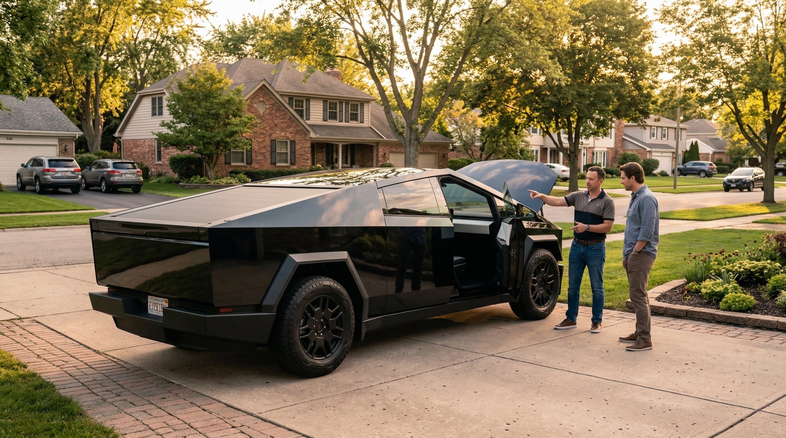 Gloss black wrapped Tesla Cybertruck rental in Chicago suburbs